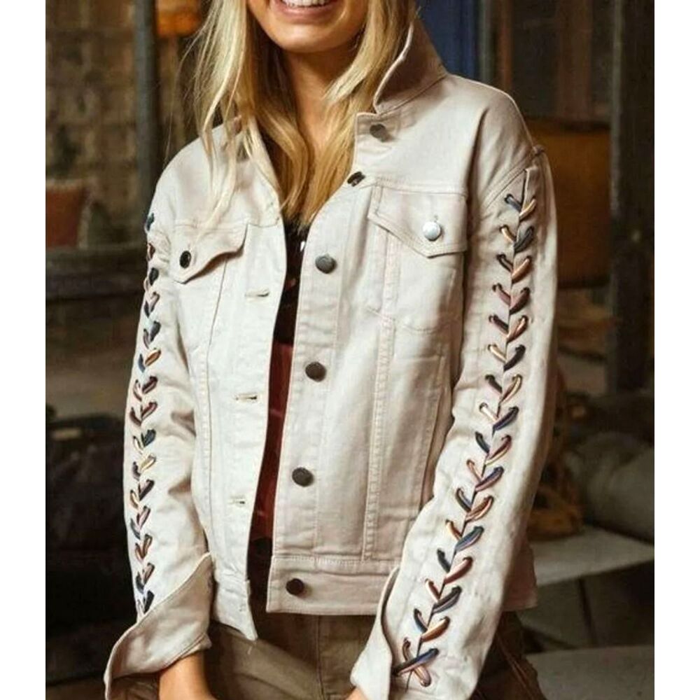 Peace Love World Cotton Beige Denim Jacket MultiColor Baseball Weave Detail SZ L - Picture 2 of 13